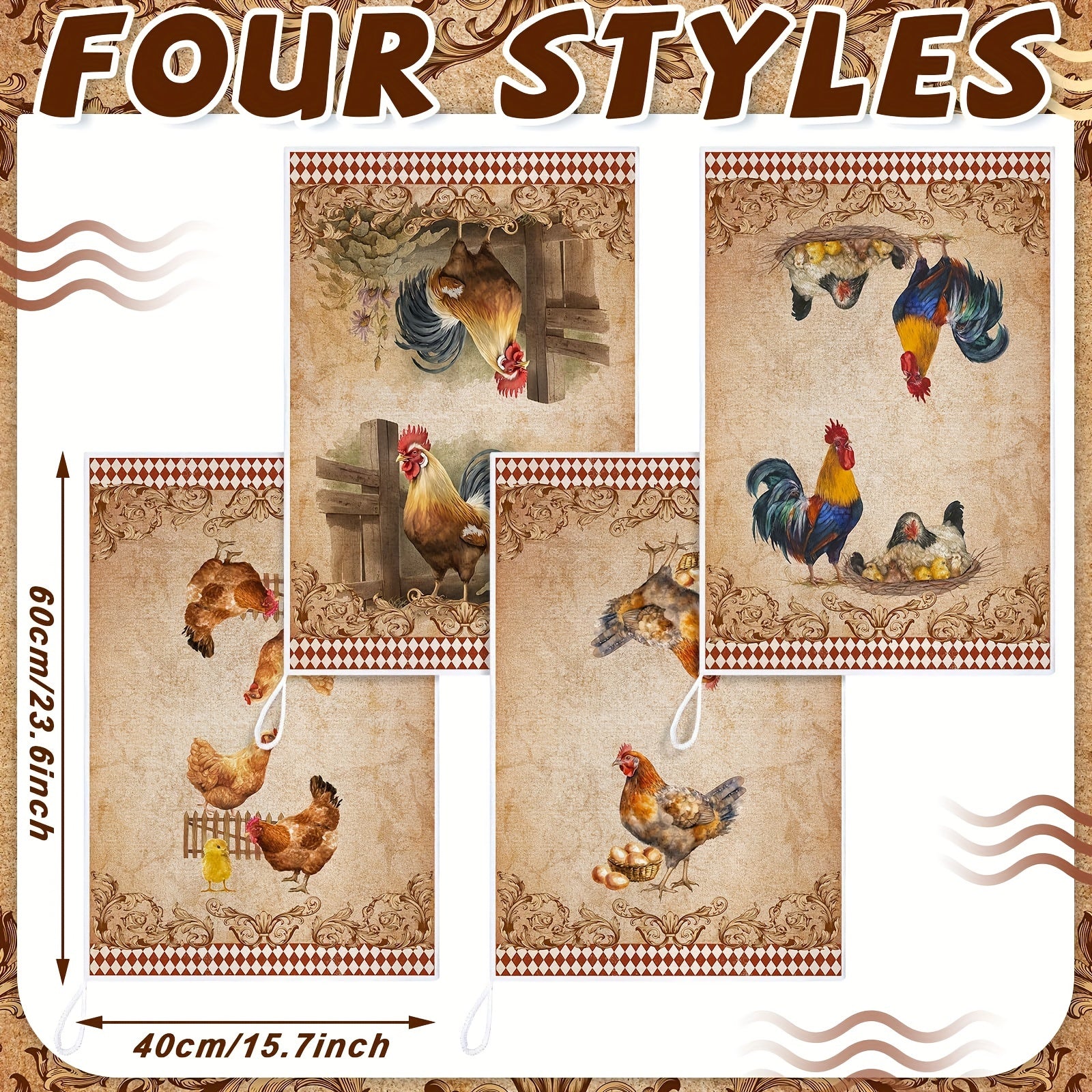 4pc Rustic Rooster Kitchen Hand Towels Polyester Dish Cloths Vintage Christmas Tea Towels