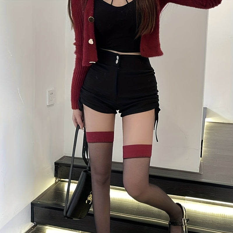 Women Black Thigh-High Stockings with Red Trim Ultra-Sheer Knit Nylon Elastane Summer Anti-Slip