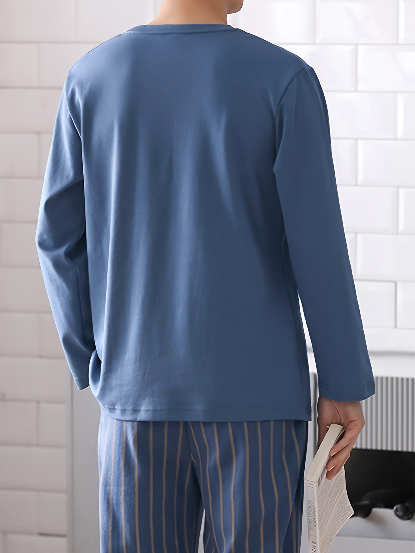 Men's Navy Blue Striped Pajama Set with Pockets Polyester Sleepwear