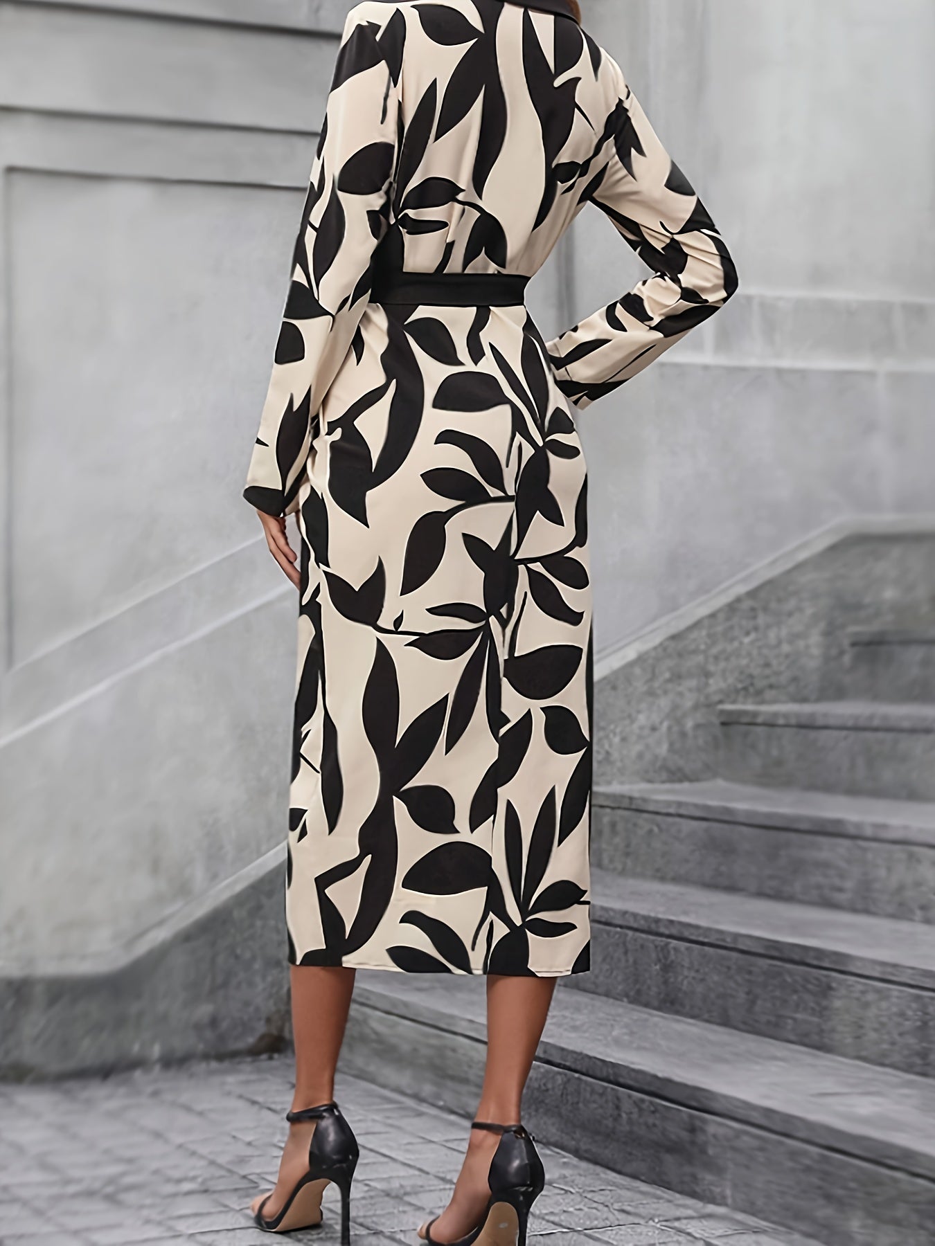 Women's Long Sleeve Leaf Print Dress with Belt for Spring and Fall