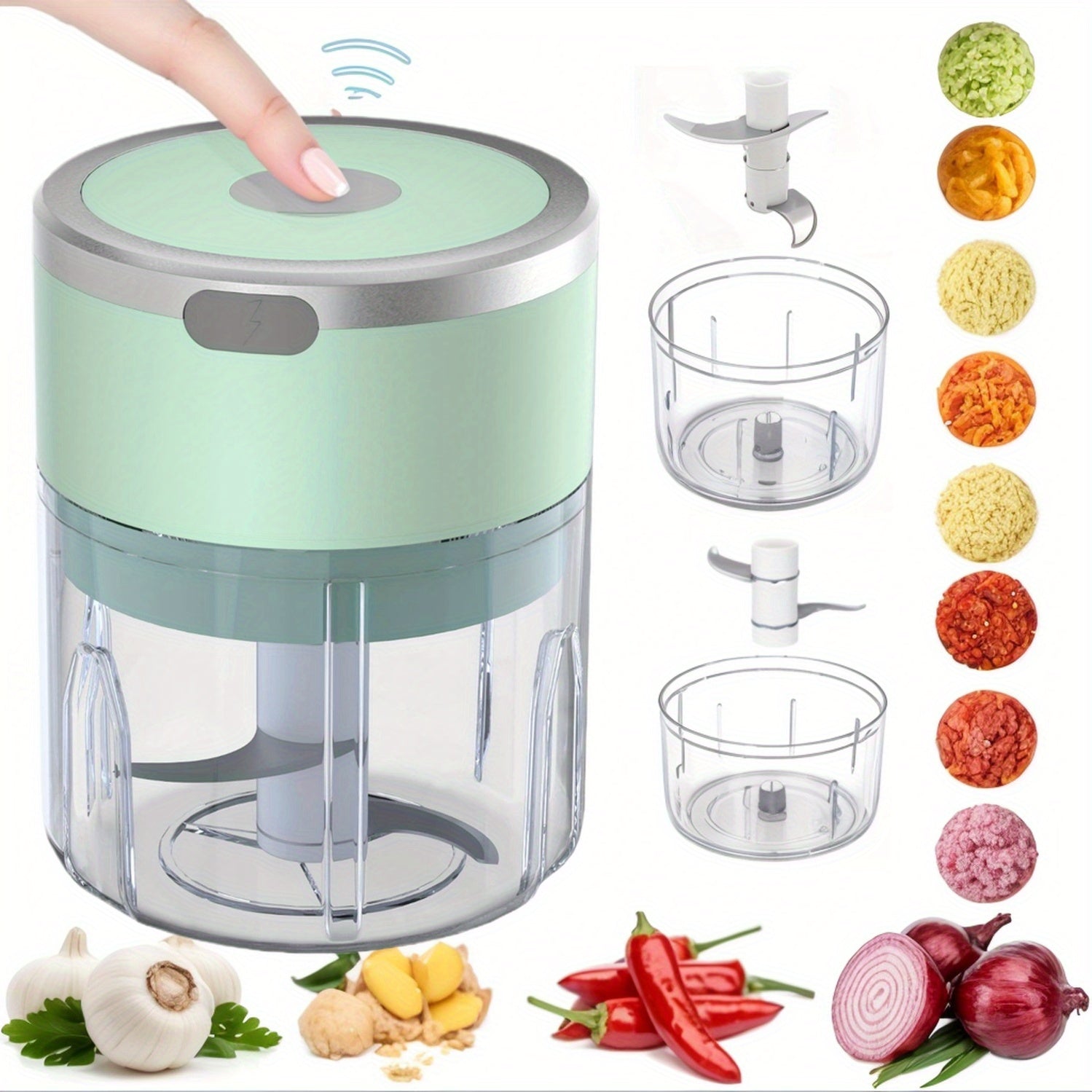 Electric garlic chopper and meat grinder 8.45oz capacity compact design safety switch Type-C charging