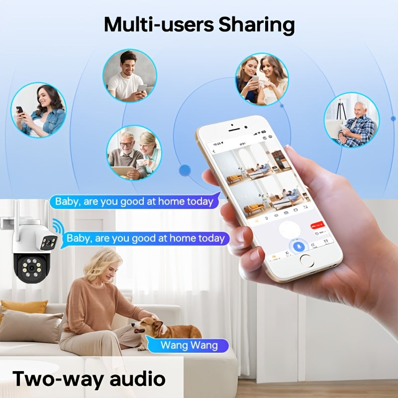 AI harakatni aniqlash, rangli tungi ko'rinish, 360° masofadan ko'rish, ikki tomonlama audio va mustahkam qurilishga ega simsiz ikki linzali ochiq havodagi xavfsizlik kamerasi.