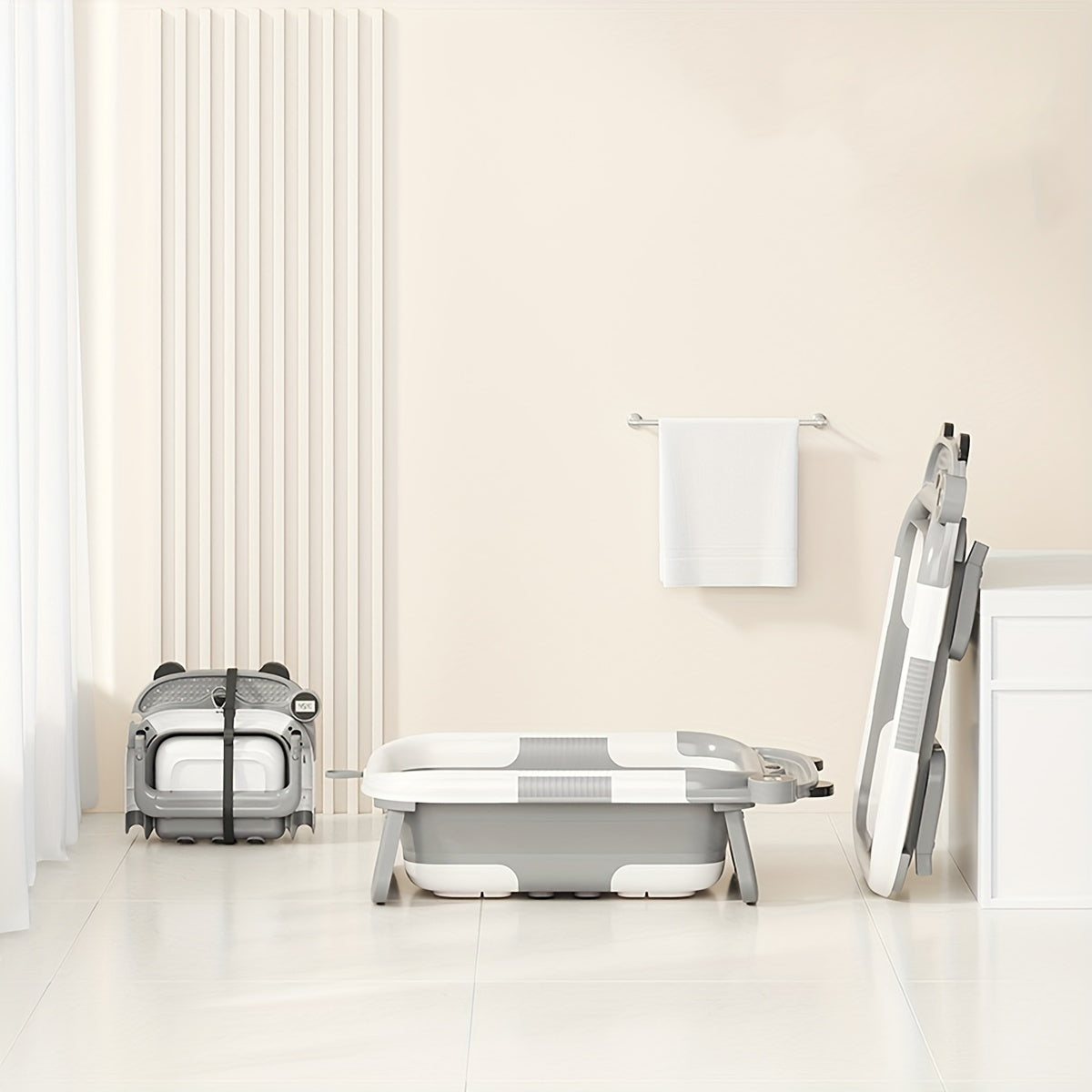 Kompakt saqlash uchun buklanuvchi vanna va haroratga sezgir vannaxonasi bilan to'plam