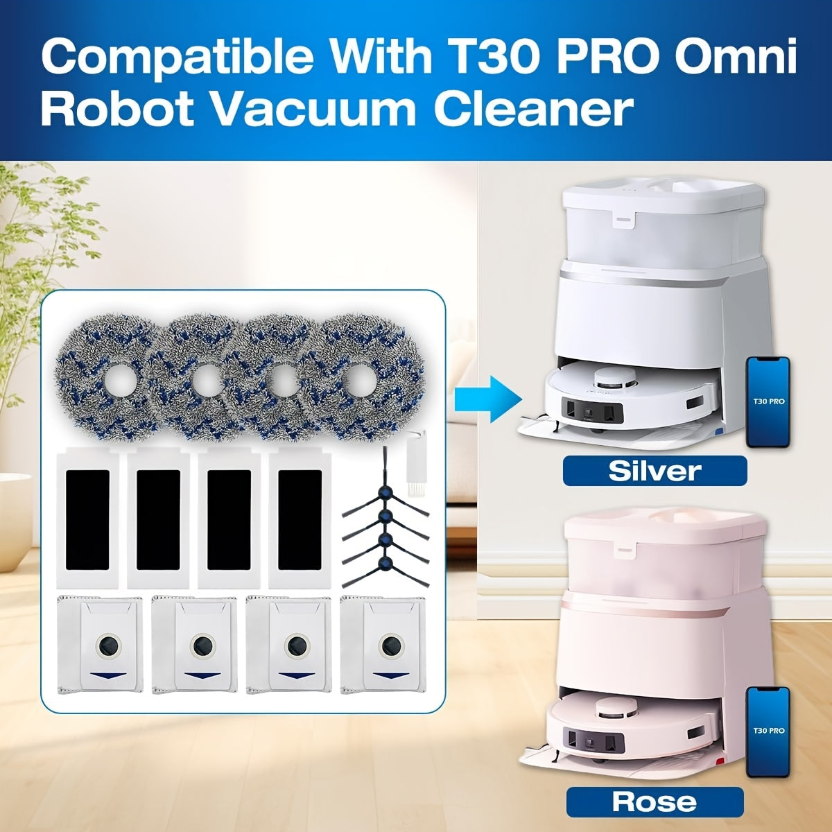 ECOVACS DEEBOT T30 Omni/DEEBOT T30 PRO Omni robot tozalagichi uchun zaxira qismlar to'plami 4 ta HEPA filtr, 4 ta mopa pad, 4 ta yon cho'tka va 4 ta chang sumkasi (jami 16 dona) ni o'z ichiga oladi.