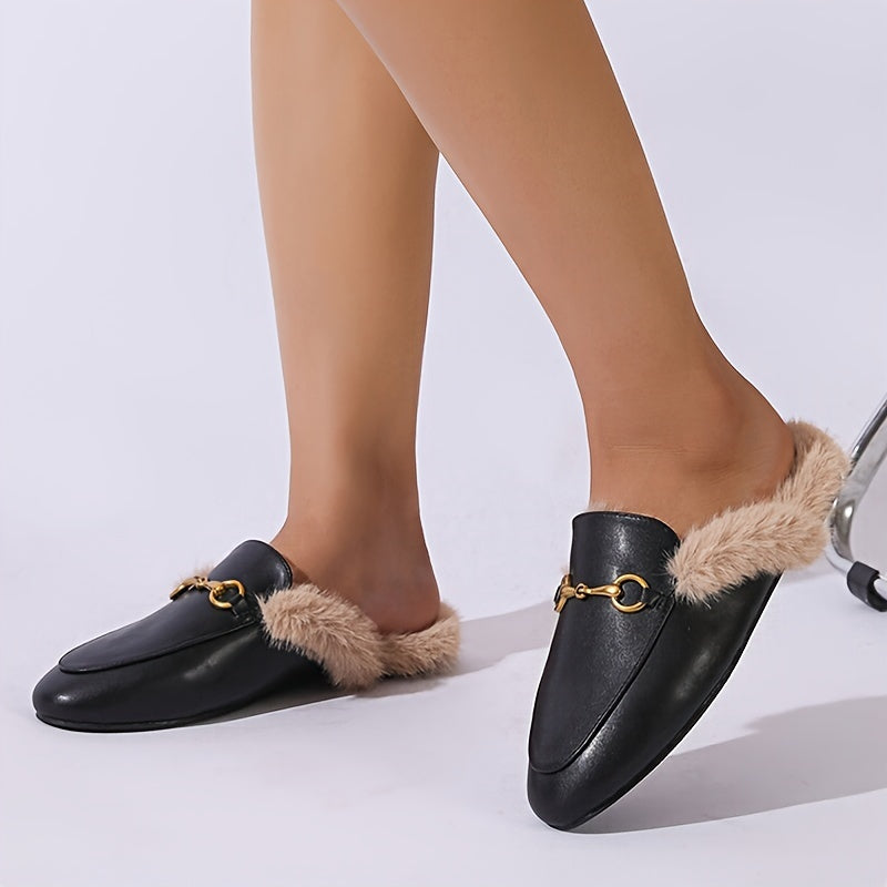 Women's Fluffy Plush Flats with Metallic Buckle Winter Warm Fleece Shoes