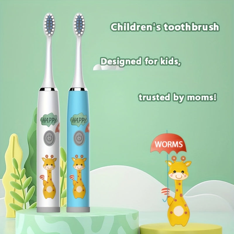 Kids Electric Toothbrush Blue White Giraffe Design Battery Powered for Ages 3-15