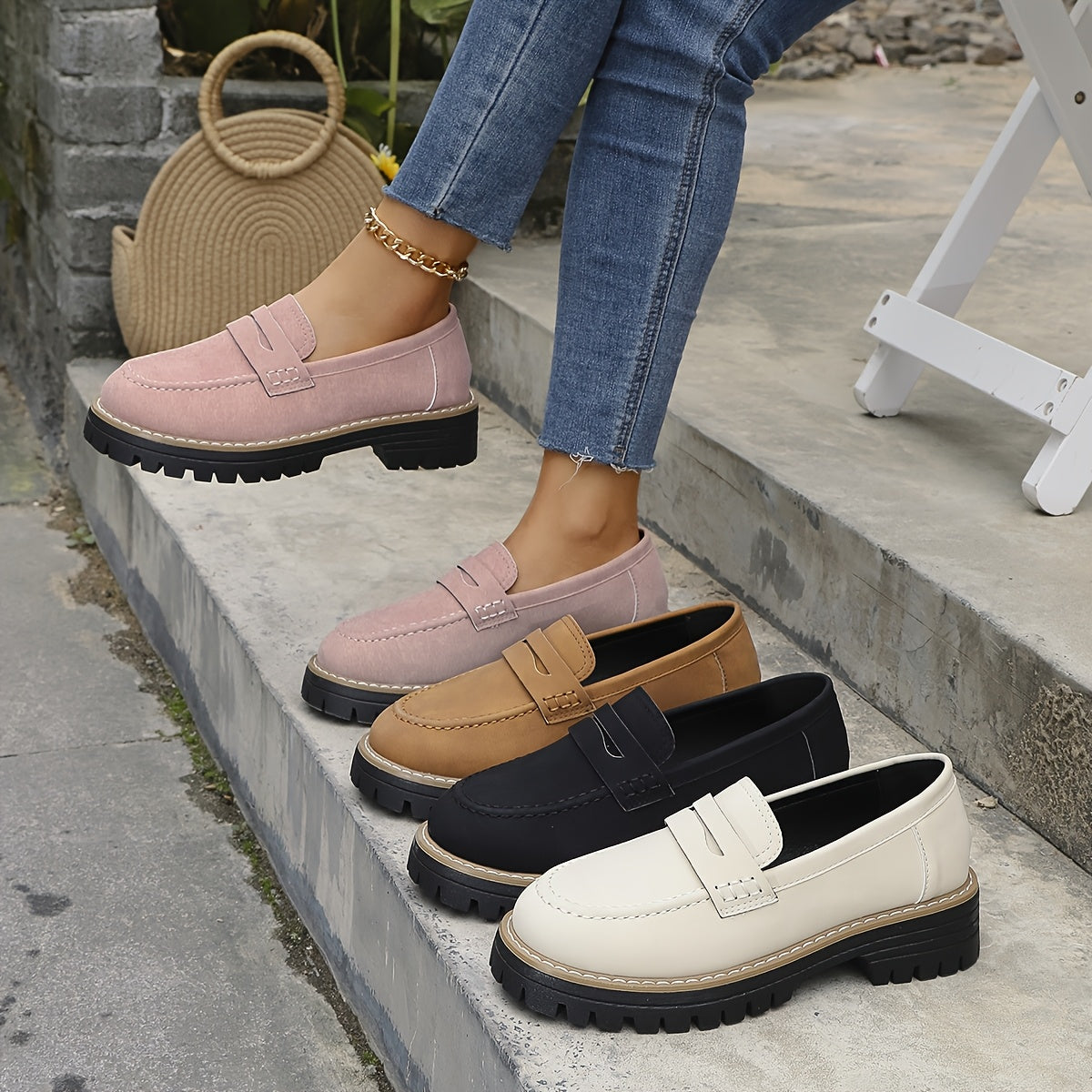 Women Vintage Penny Loafers Faux Leather Casual Slip-On Round Toe Durable EVA Sole
