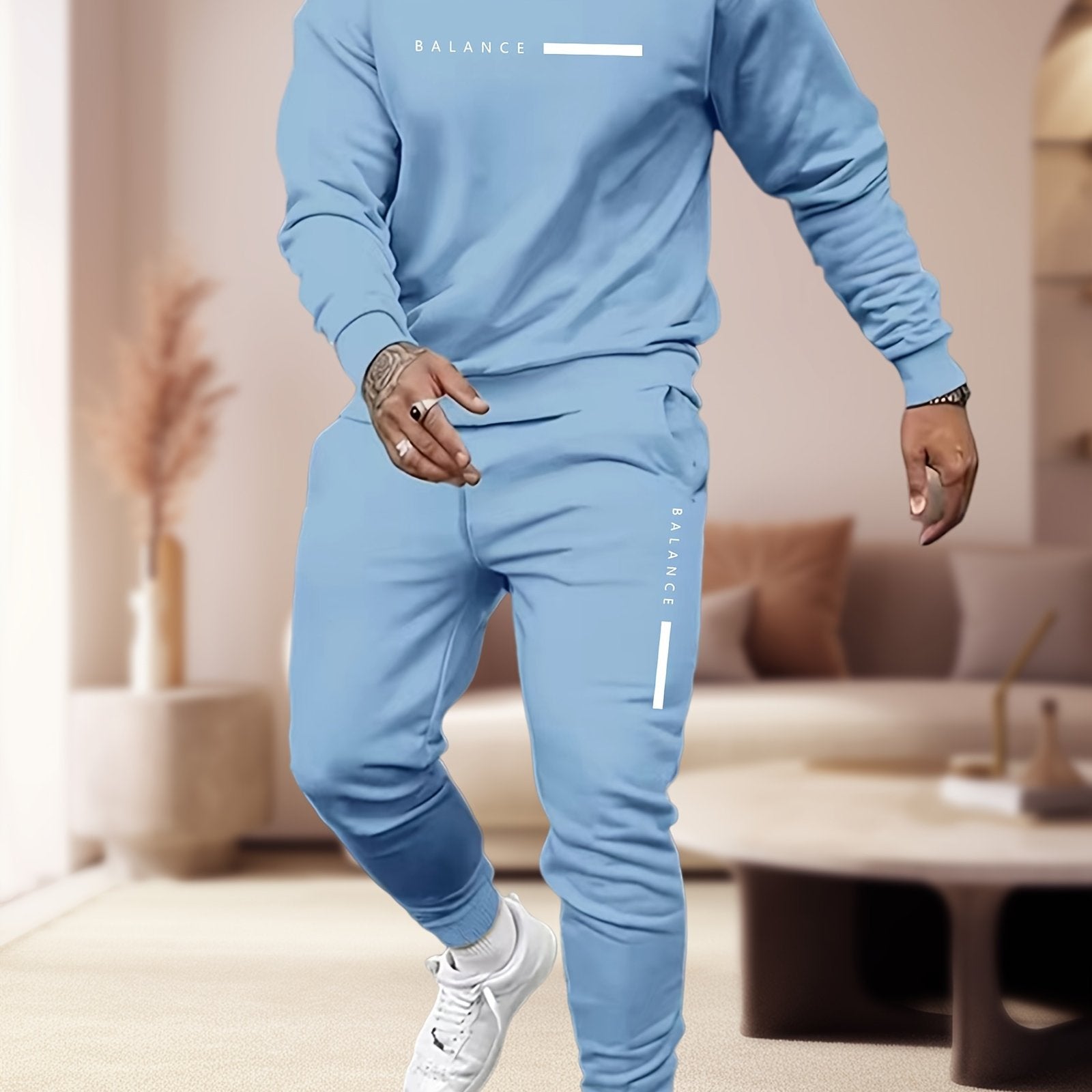Men's Casual Polyester 2-Piece Pajama Set with Print Design Round Neck Pockets