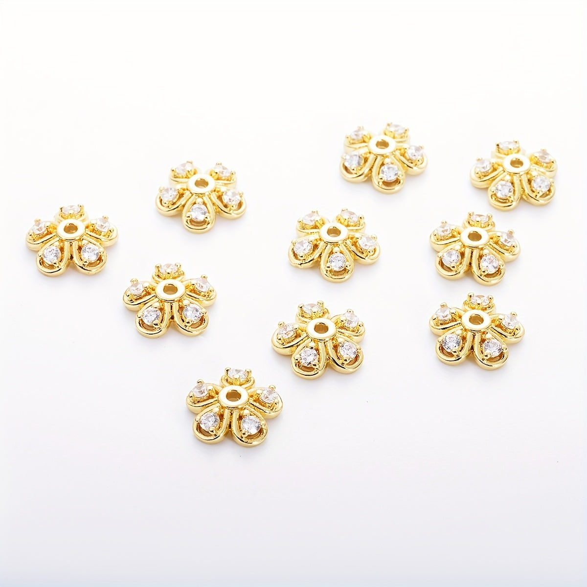Brass Flower Bead Caps Set of 20 with Synthetic Cubic Zircons 6mm 8mm 10mm