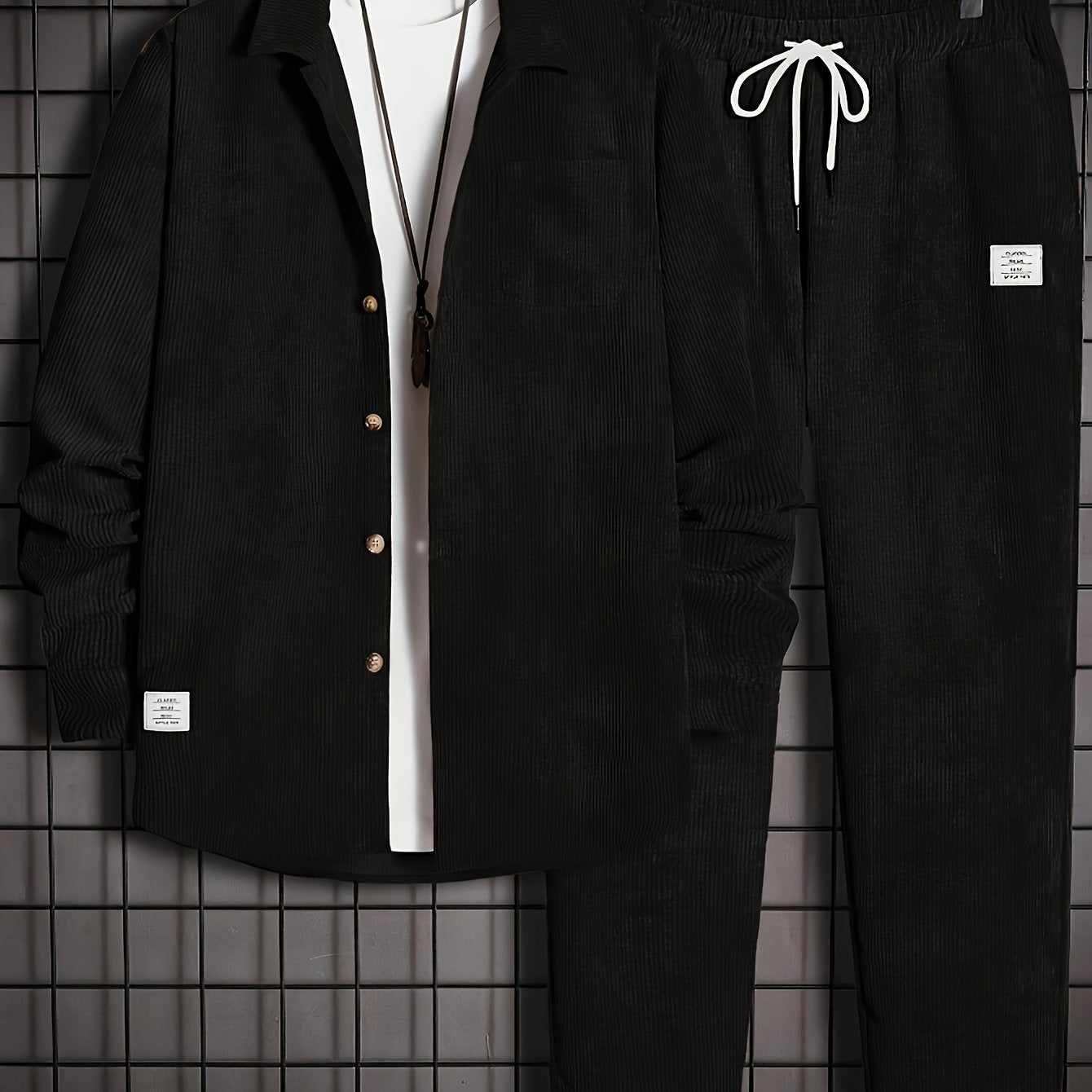 Conjunto casual de pana para hombre, camisa de manga larga con botones y pantalones con cordón para otoño e invierno