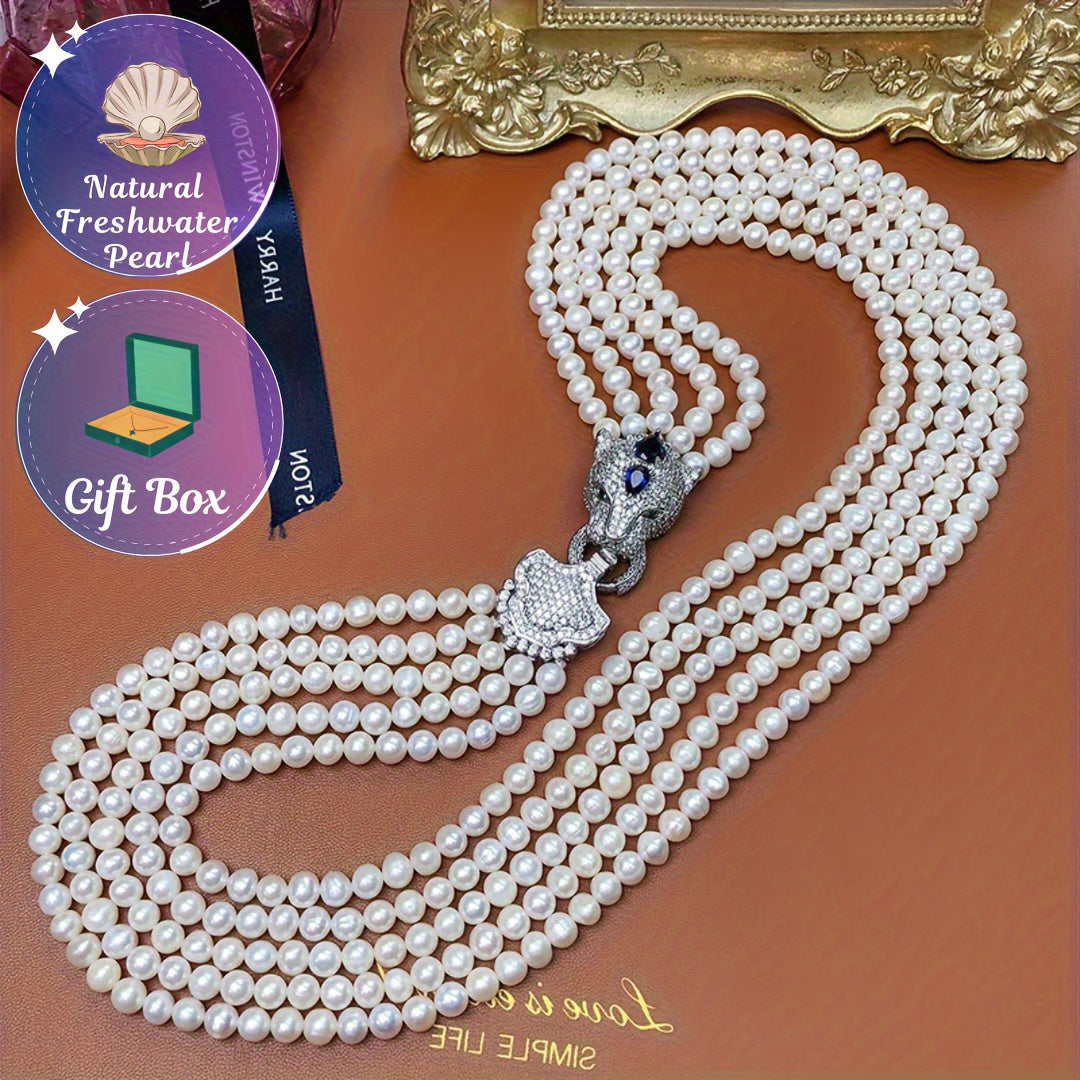Multi-Layered Freshwater Pearl Necklace with Leopard Head Clasp White Statement Jewelry