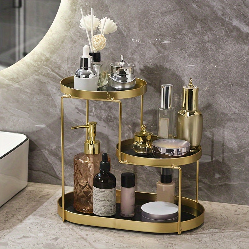 Golden Metal Cosmetic Organizer with 3 Tiers Marble Pattern Vanity Bathroom Storage