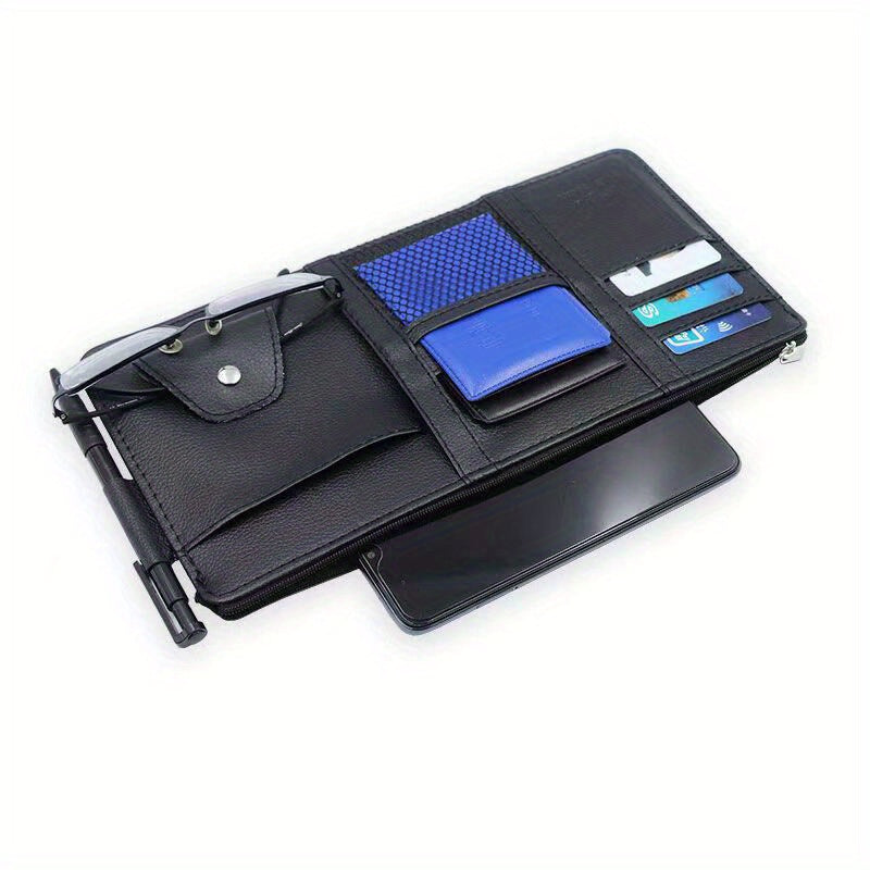 Organizador de parasol para coche con portatarjetas y clip para gafas en cuero sintético