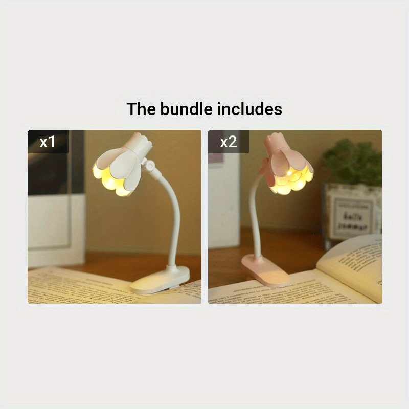 LED gullarga o'xshash kitob lampasi, yotgan holda o'qish yoki dekorativ ish stoli chirog'i sifatida mos keladi. Portativ va sozlanadigan quloq, batareyalar kiritilgan.