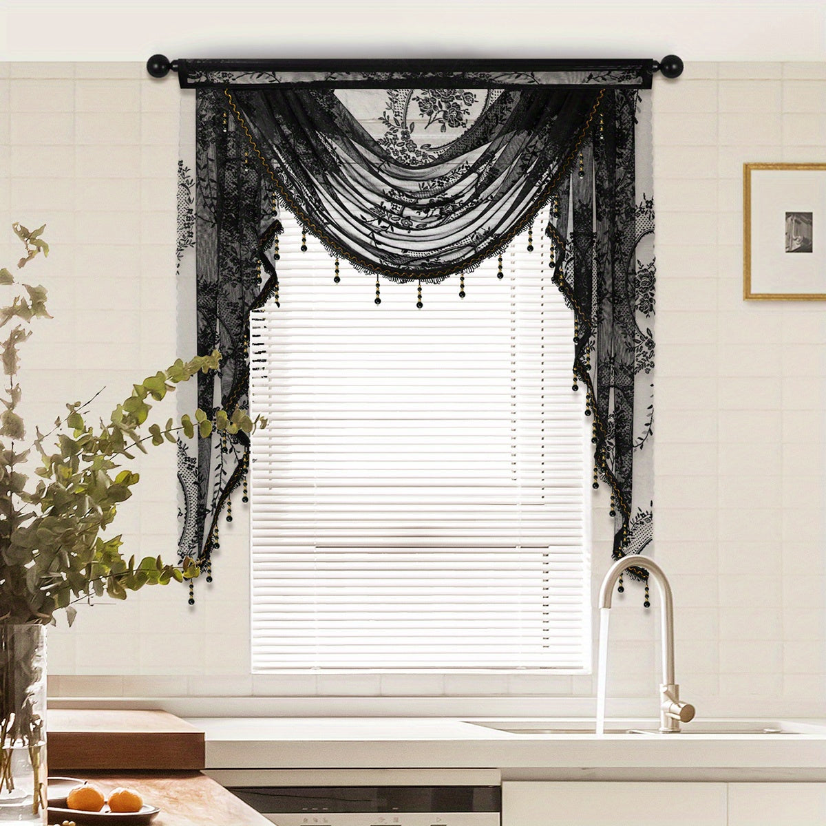 European Style Wave Curtain with Black Lace Valance and Flower Pattern for Living Room Windows