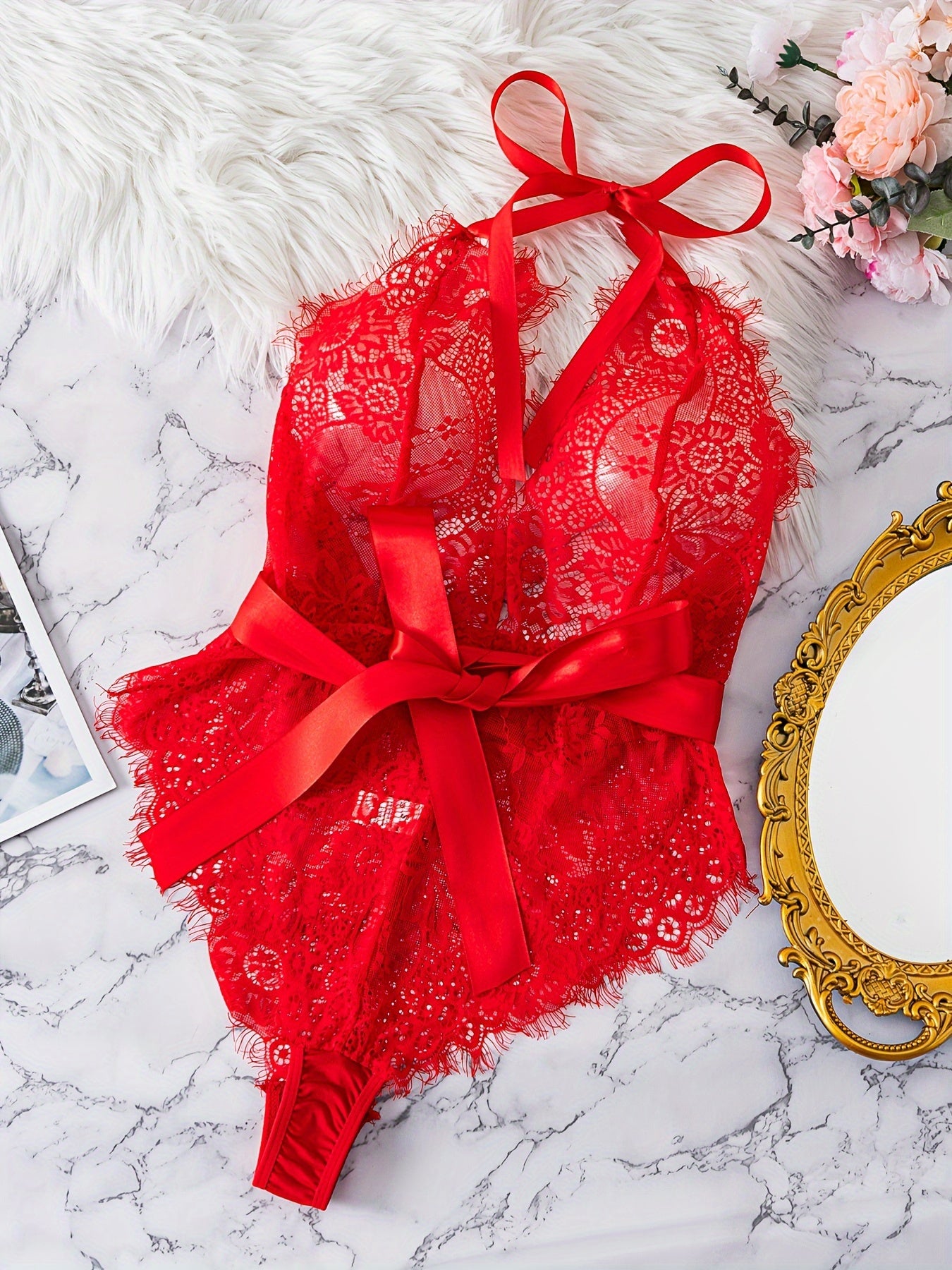 Women's Floral Lace Teddy with Halter Neck Backless Lingerie