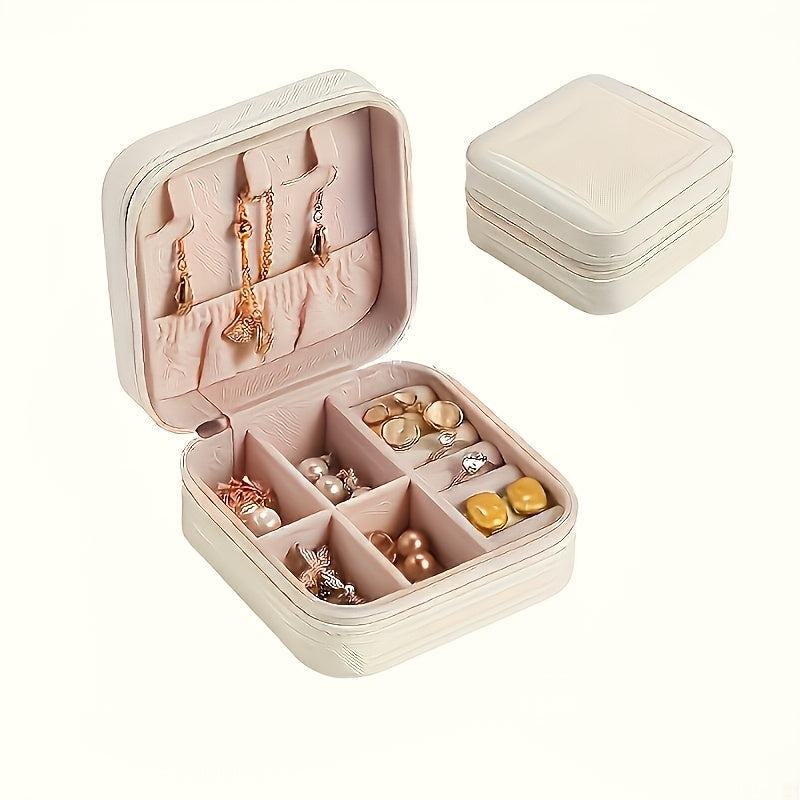 Faux Leather Jewelry Organizer Box for Travel with Compartments and Snap Closure