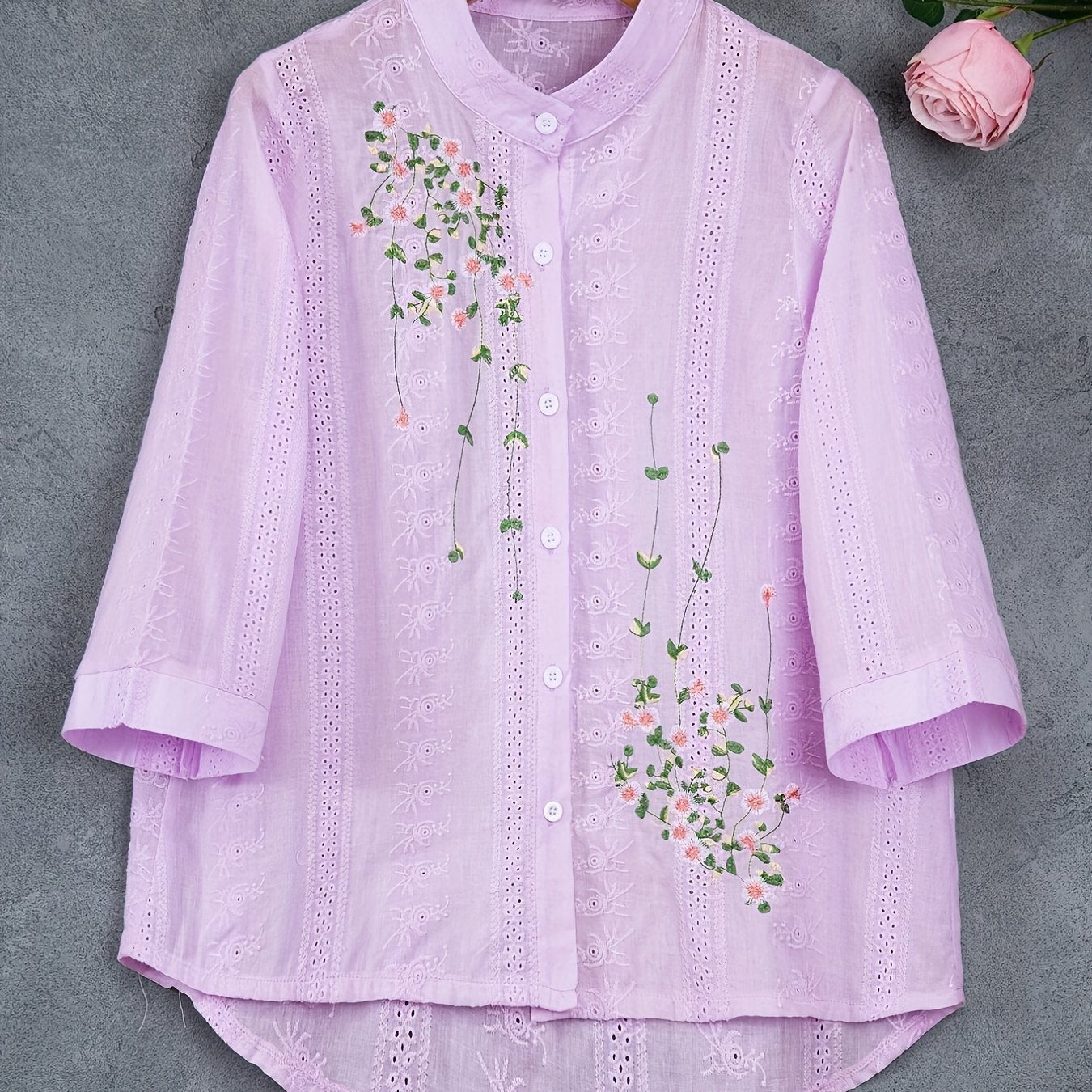 Women's Embroidered Stand Collar Polyester Blouse for Spring Summer Adult Fashion