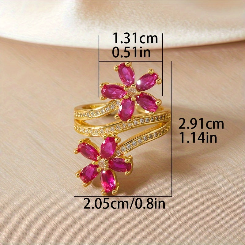 Red Floral Adjustable Ring with Cubic Zirconia for Engagements and Weddings