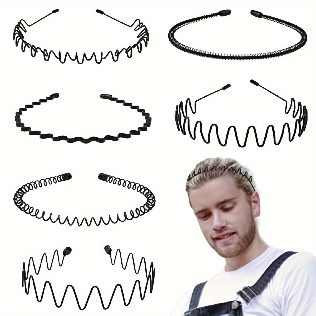 Set of 6 Black Wavy Spring Metal Hair Bands Non-Slip Elastic Headwear for Men Women