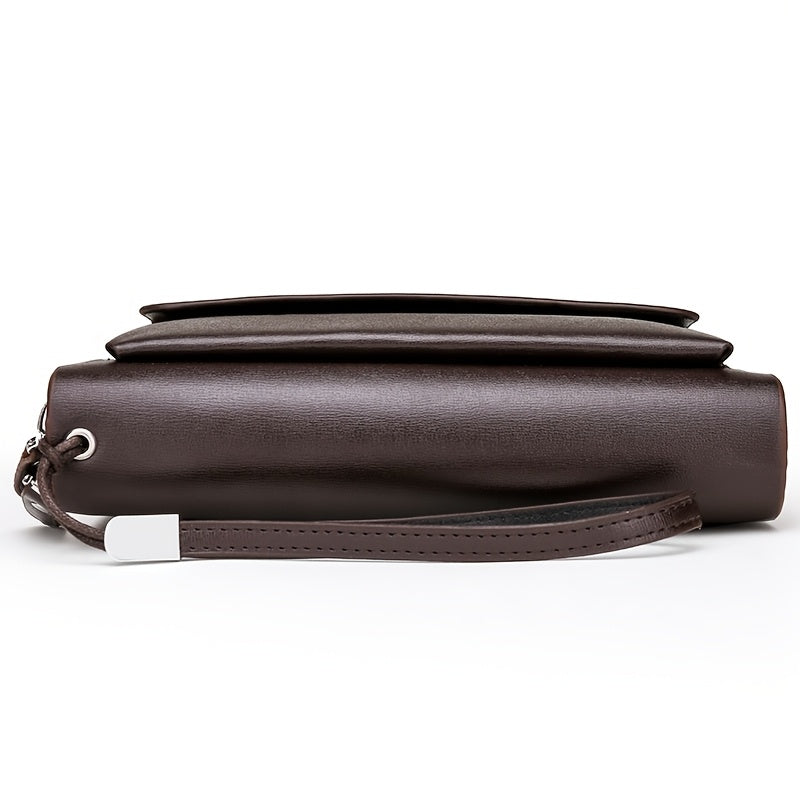 Men's Large Capacity Black Leather Wallet with Double Zipper and Wrist Strap for Office Use