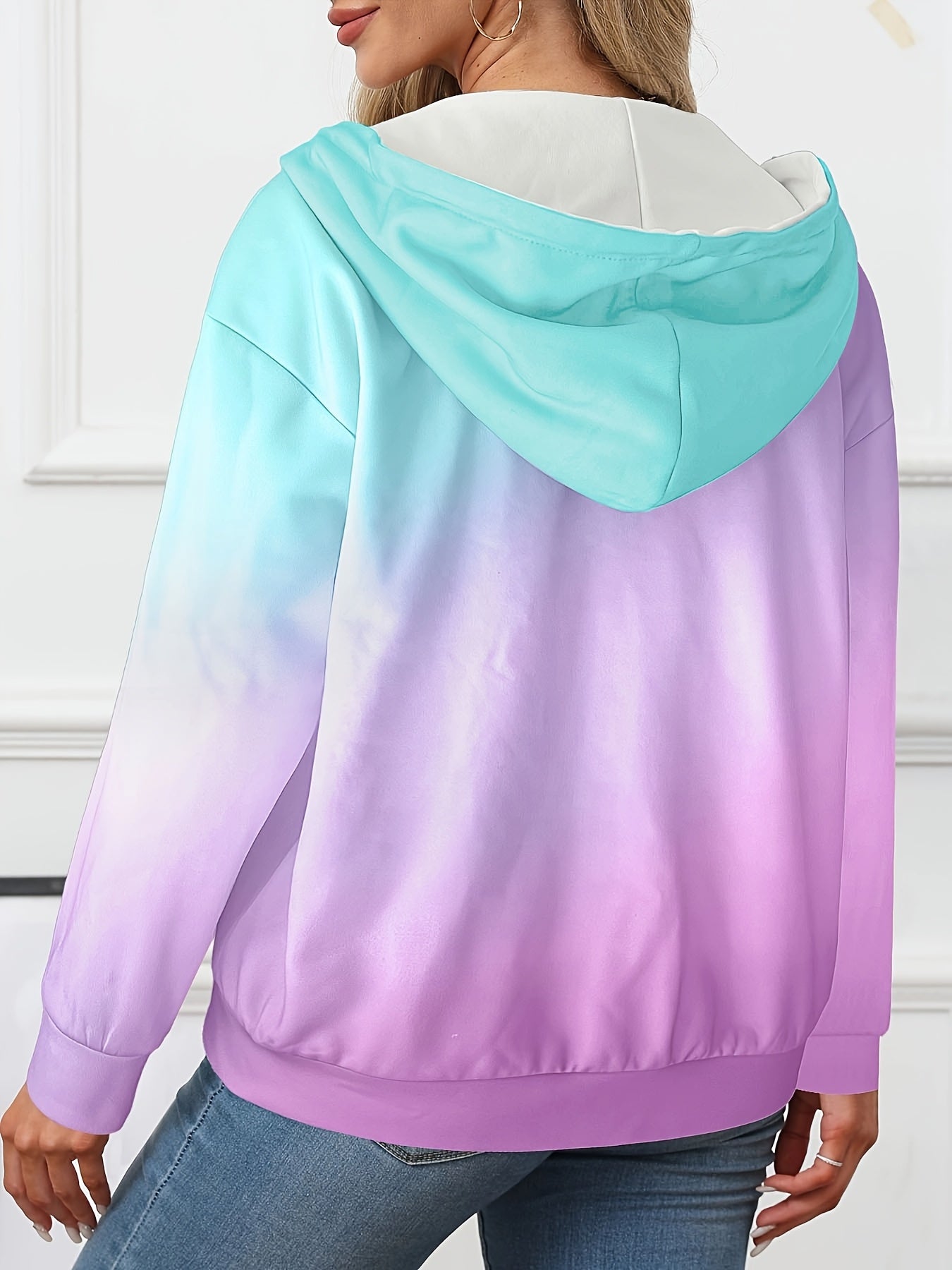 Women's Plus Size Gradient Ombre Hoodie with Zip Long Sleeve Knit