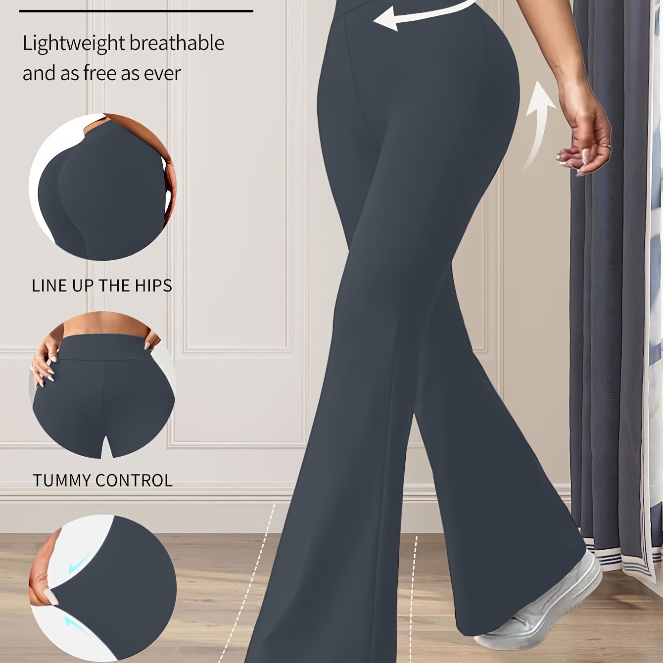 Ayollar uchun keng ochiladigan legginslar, yuqori bel, elastik bel, o'rta balandlik, qora