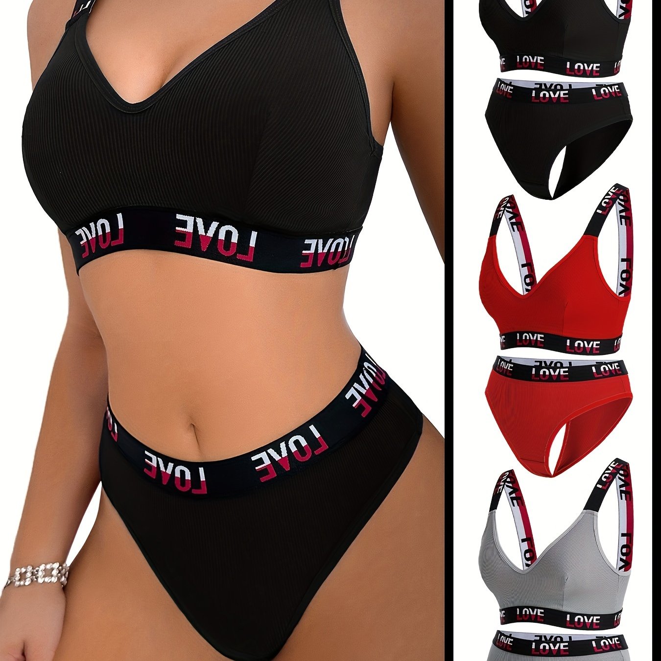 Set of 3 Wireless Ribbed Lace Lingerie Bras and Panties for Women