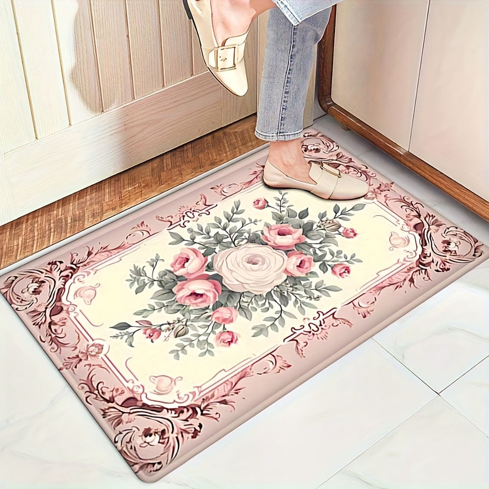 Alfombra absorbente de estilo campestre francés con motivos florales para cocina, baño y entrada, antideslizante, de poliéster
