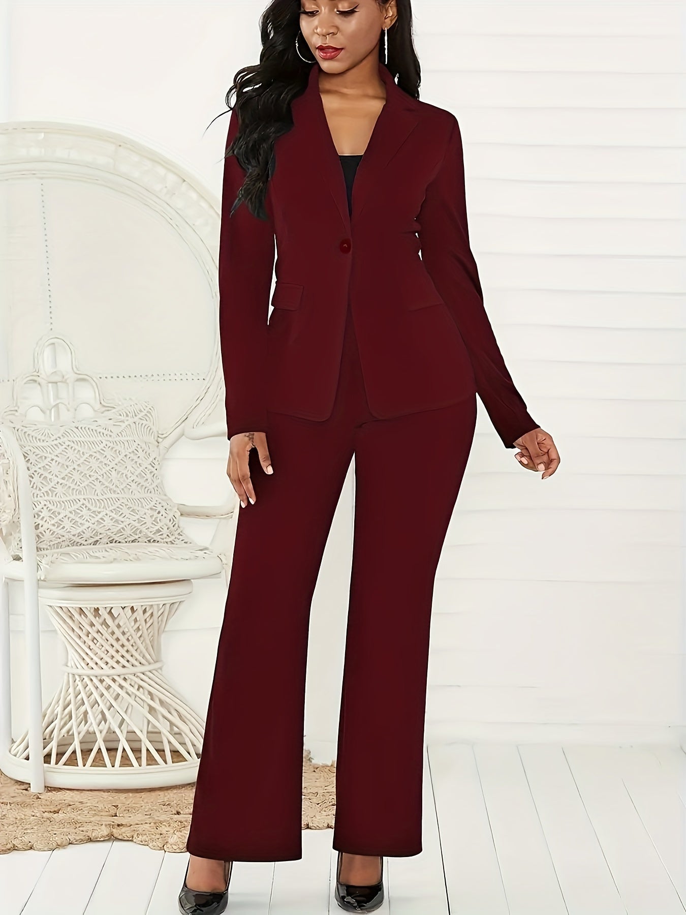 Women's Slim Fit Two-Piece Suit Set Long Sleeve Blazer and Pants Polyester Nylon