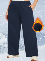 Women's Plus Size Fleece-Lined Wide Leg Pants Warm Stretchy Drawstring