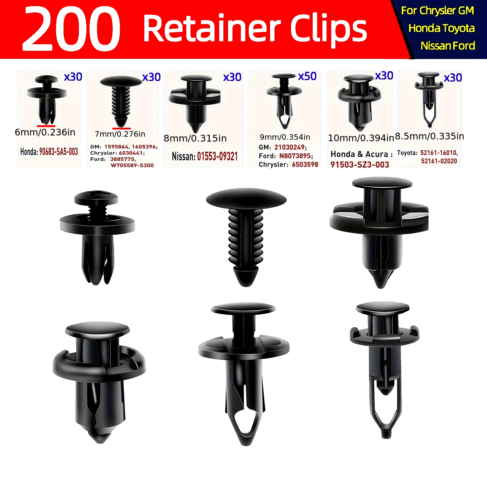 200Pcs Car Fixing Clips Universal 6 Types Bumper Push Rivet Auto Parts