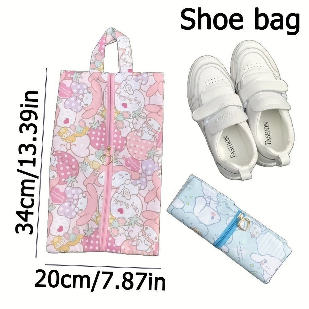 Kids Shoe Bag Foldable Zipper Pouch with Cartoon Prints Travel Organizer