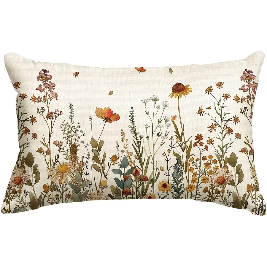 Linen Cushion Cover Floral Throw Pillow Case for Sofa Home Decor 12x20 Inches