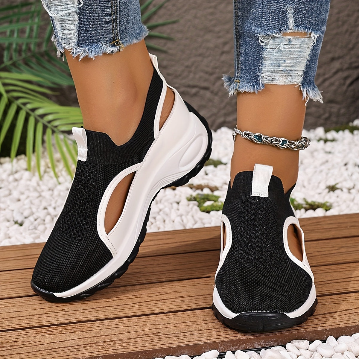 Zapatillas casuales para mujer sin cordones, transpirables, de tela, de caña baja, negro y blanco