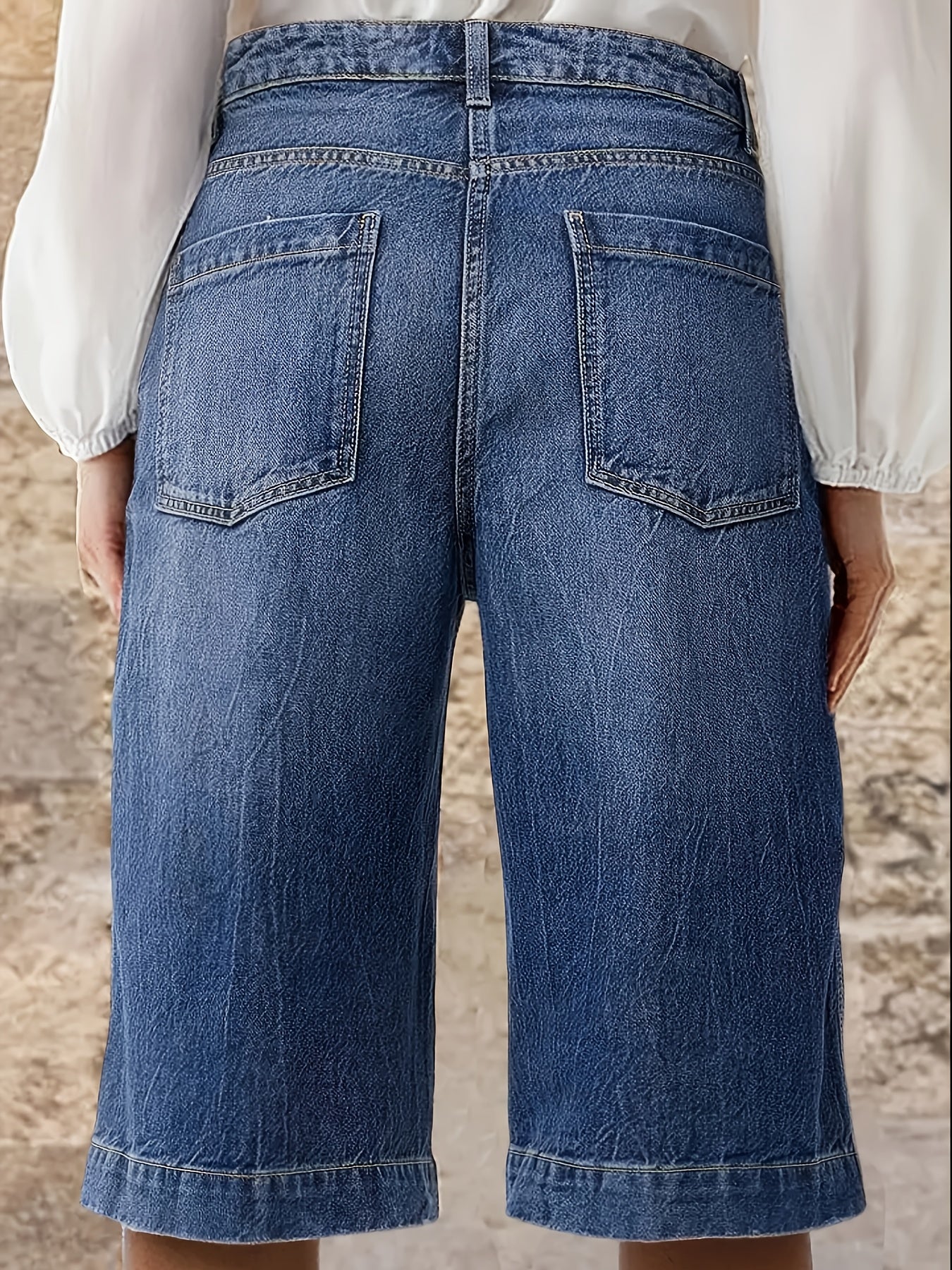 Plus Size Women's Stretch Denim Bermuda Shorts Mid-Rise Pockets Solid