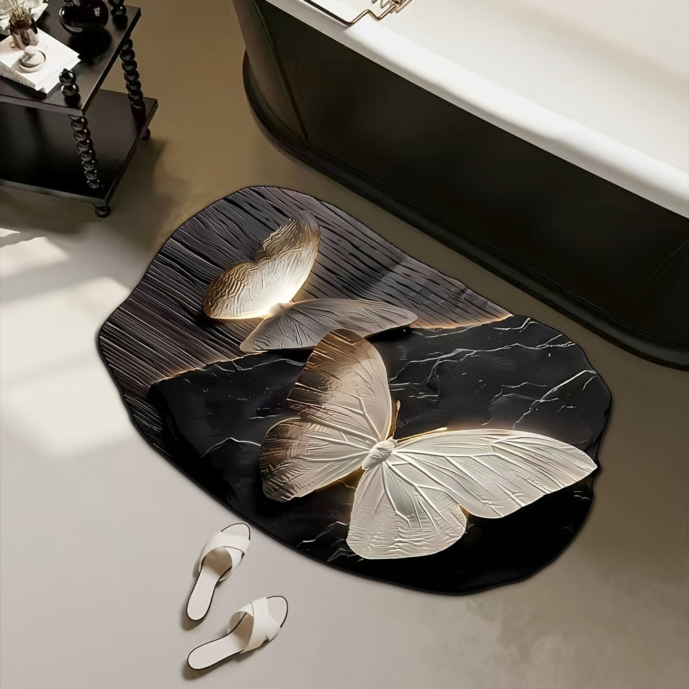 3D Flower Butterfly Pattern Non-Slip Bathroom Rug Water-Absorbent Quick-Drying Oval