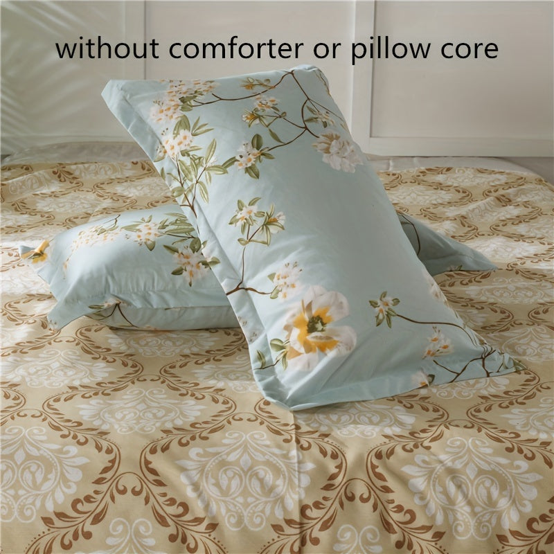 Floral Duvet Cover Set 4 Pieces Polyester Bed Bedding with Pillowcases and Flat Sheet