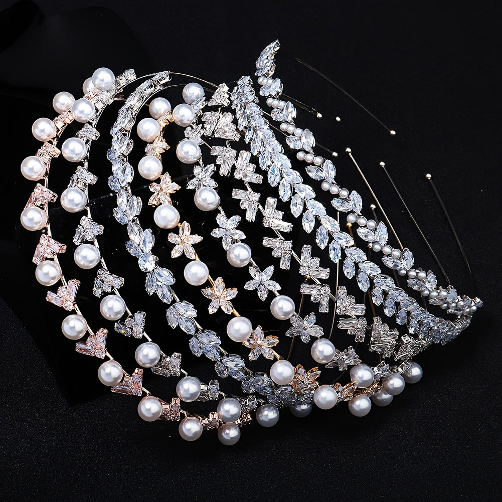 Silvery Rhinestone Crystal Hairband with Faux Pearls for Bridal Parties Weddings