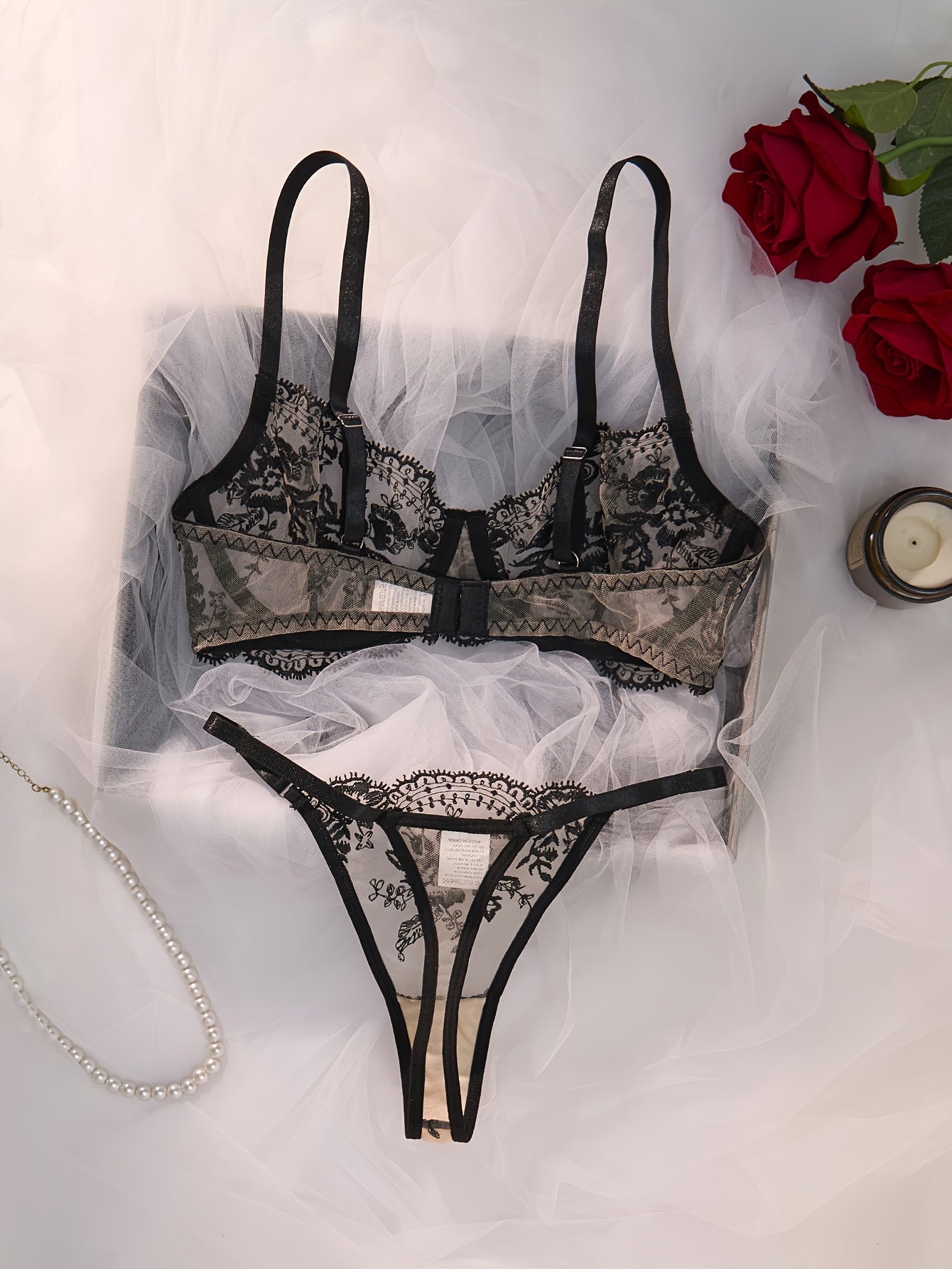 Women's Embroidered Flower Lingerie Set Fishnet Bra and Thong Midnight Passion