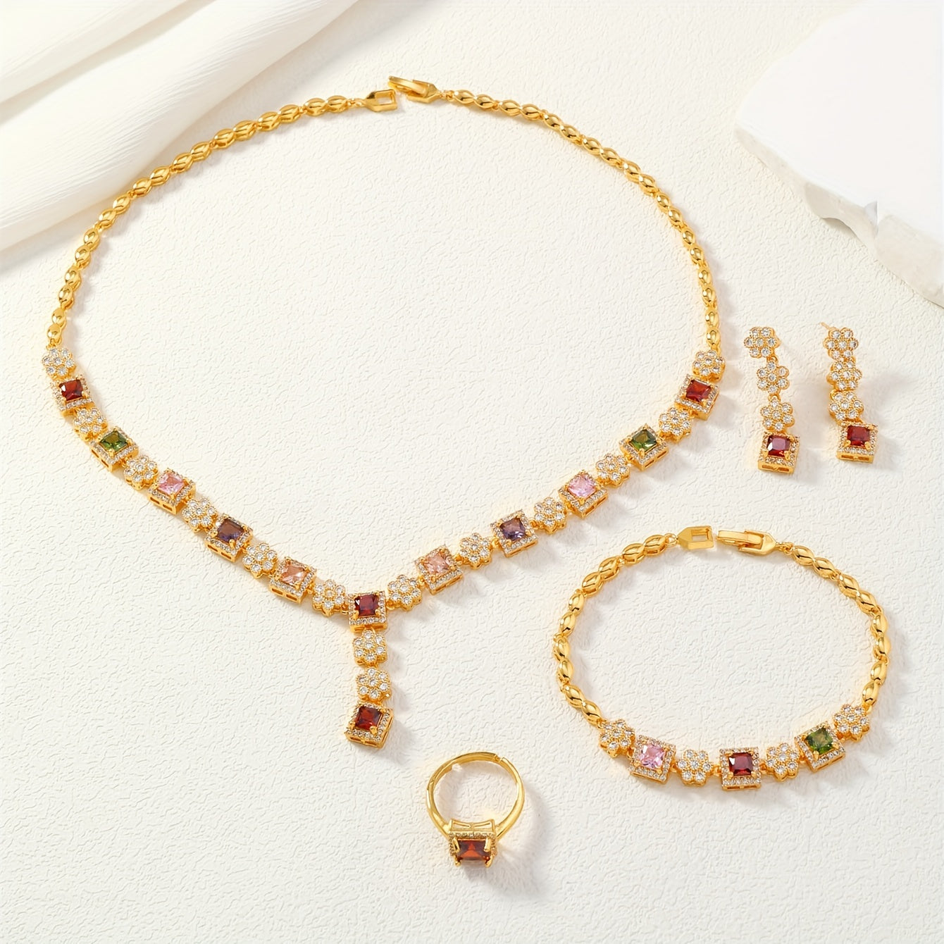 Vintage Jewelry Set with Multicolor Cubic Zirconia 24K Gold Plated Necklace Earrings Ring