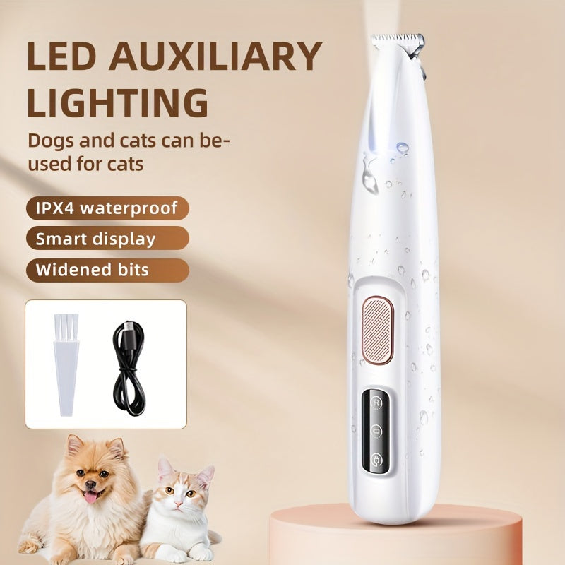 IPX5 Waterproof Pet Hair Remover for Cats and Dogs USB Rechargeable Electric Trimmer with Smart Display Quiet Operation Wide-Bit Shaving Head and Auxiliary Lighting