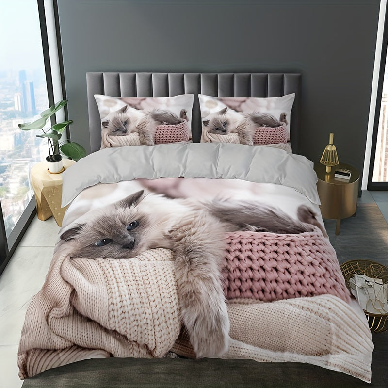 Cat Print Duvet Cover Set with Pillowcases 3 Piece Breathable Polyester Easy Care