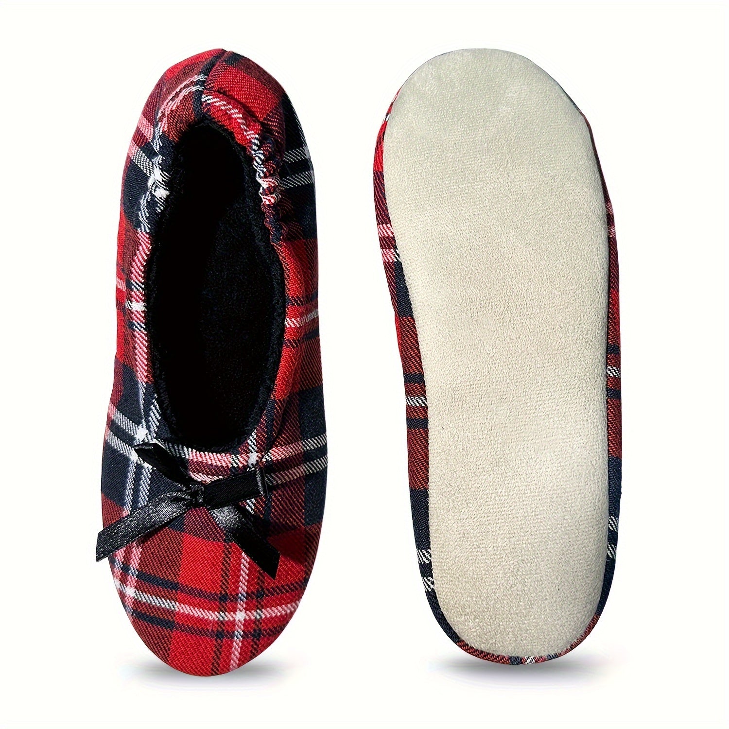 Zapatos planos de ballet de cuadros rojos para mujer con lazo, zapatos cómodos sin cordones