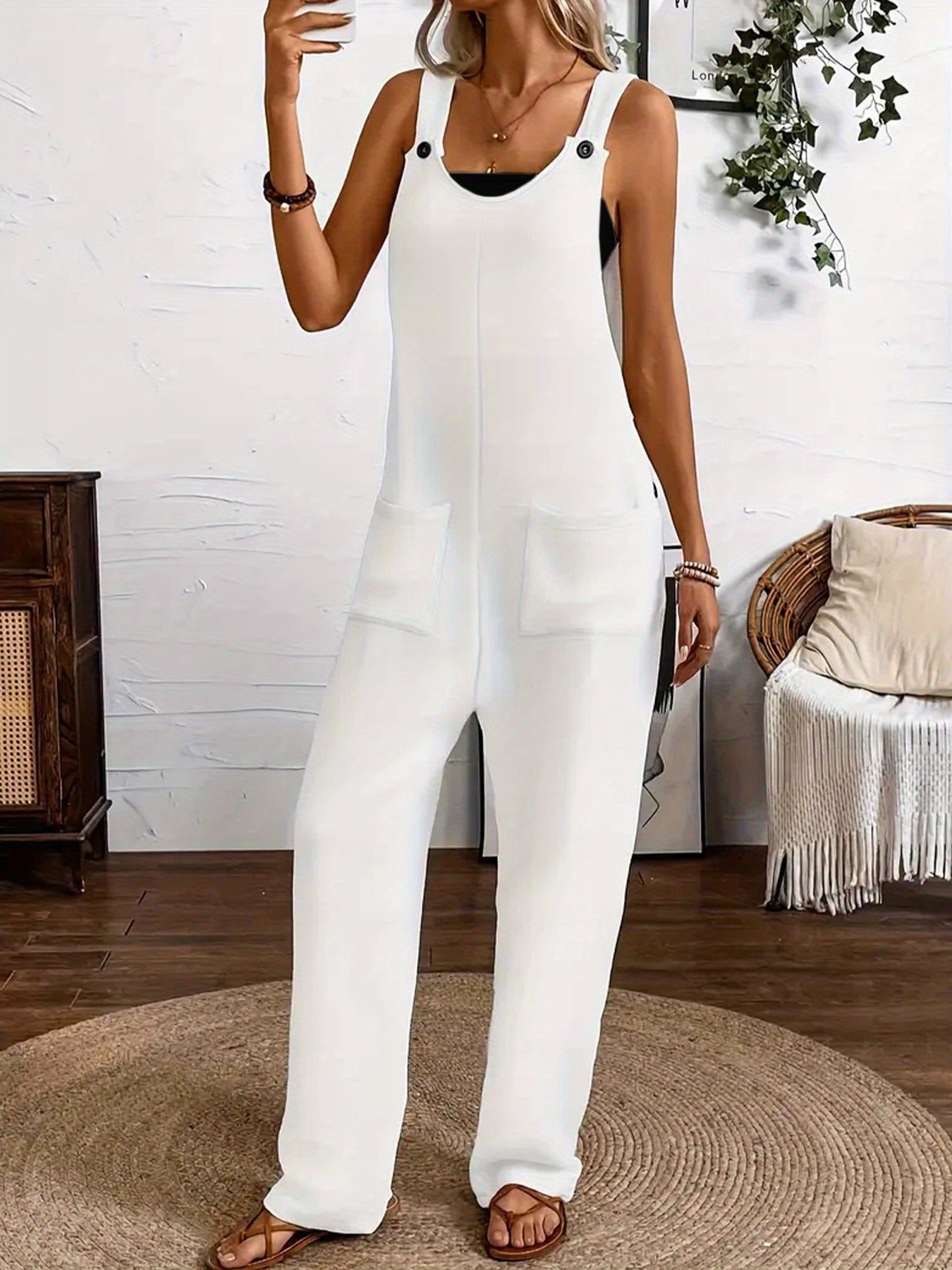 Women's Sleeveless Jumpsuit Solid Purple Wide Leg Pockets Stretchy