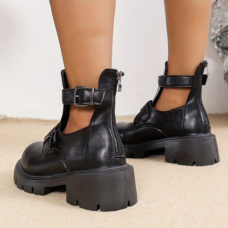 Women's Casual Short Boots Thick Heel Anti-Slip Buckle Zipper British Style