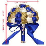 Qoʻlda tayyorlangan güllü toʻylik buketi, satinning gullari, rhinestonelar, marjon bezaklari, toʻy sovgʻasi