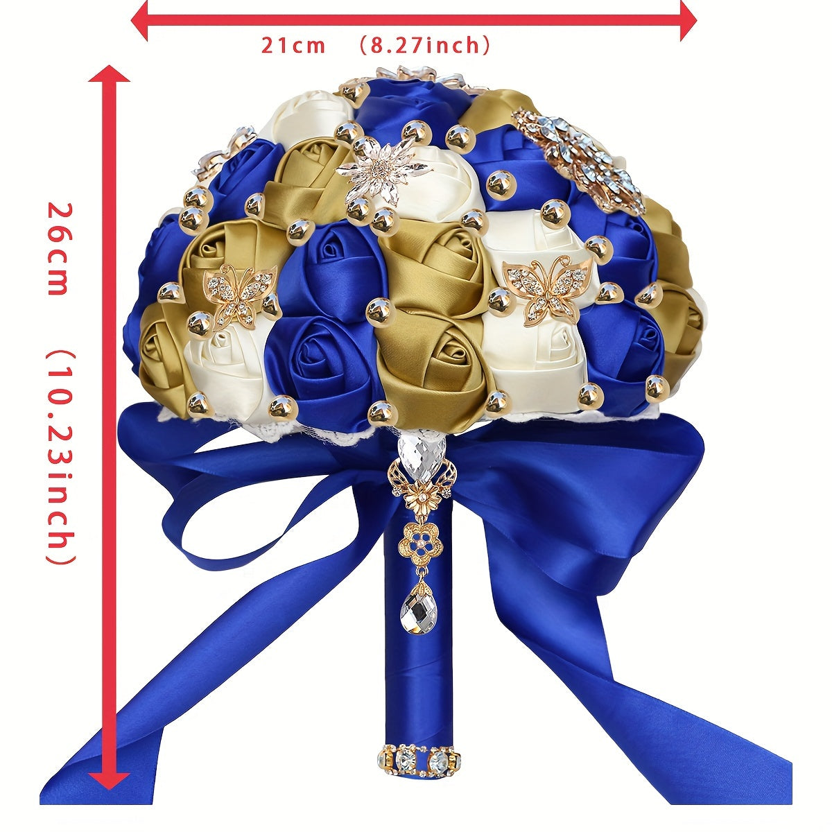 Qoʻlda tayyorlangan güllü toʻylik buketi, satinning gullari, rhinestonelar, marjon bezaklari, toʻy sovgʻasi