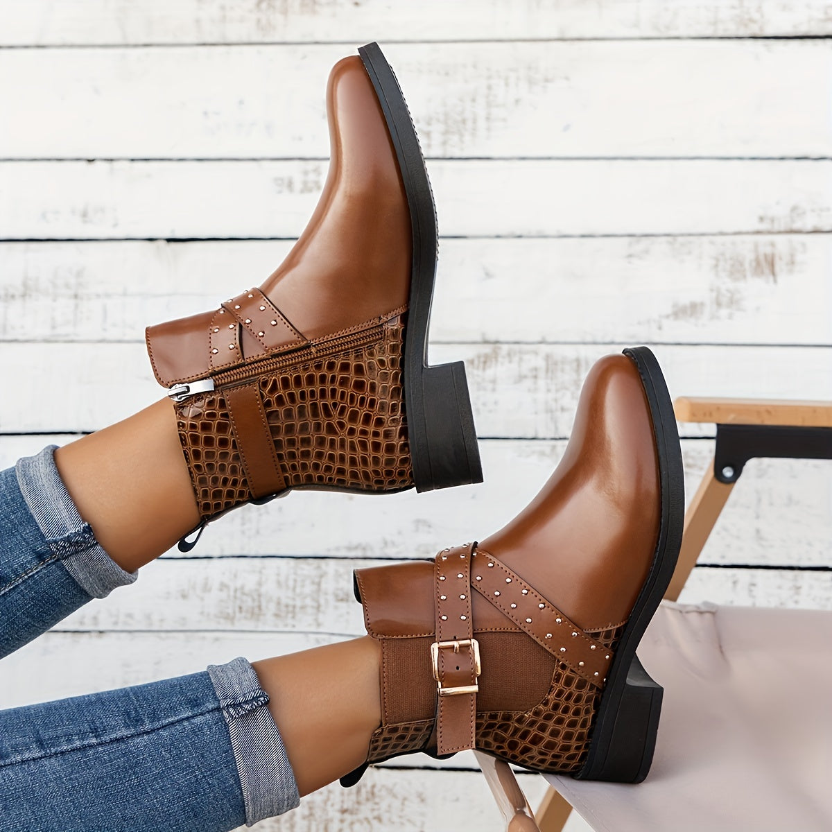 Women's Faux Leather Chelsea Ankle Boots Brown Round Toe Zipper Mid-Heel