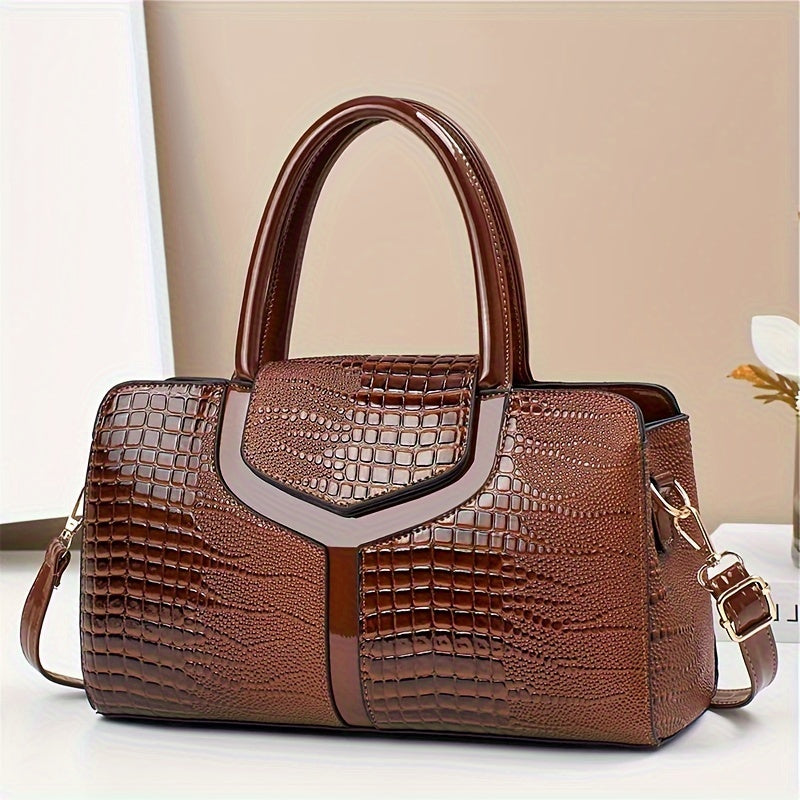 Women's Crocodile Pattern Leather Handbag with Adjustable Strap and Zipper Closure